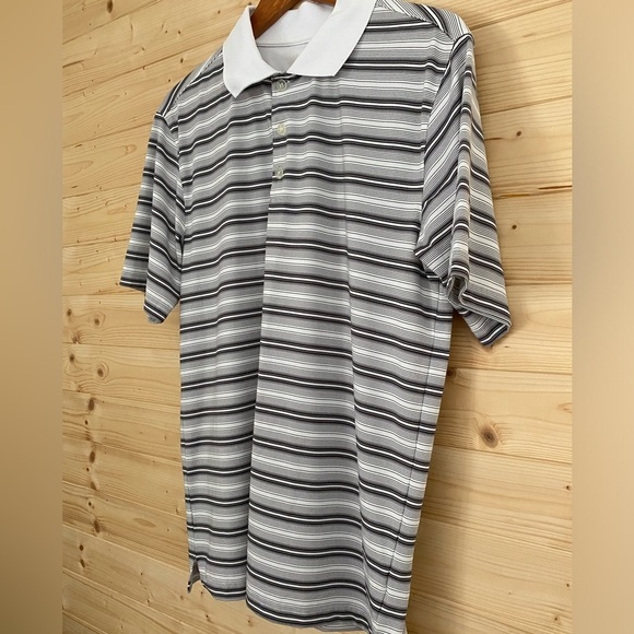ACADEMY LTD Men's Small Classic Collar Black, Gray and White Striped Polo Shirt - Picture 2 of 7